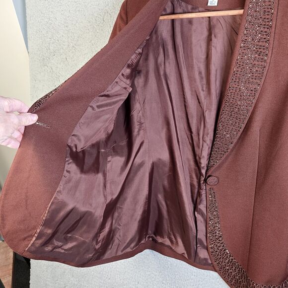 John Meyer Blazer 10 Brown Curved Hem Textured Trim Statement Collar Lined - Picture 11 of 16